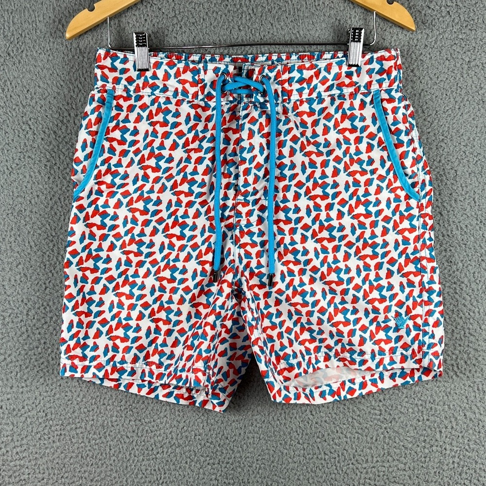 Beach Bros Lined‎ Swim Trunks Mens Small Red White Blue Geometric Allover Print